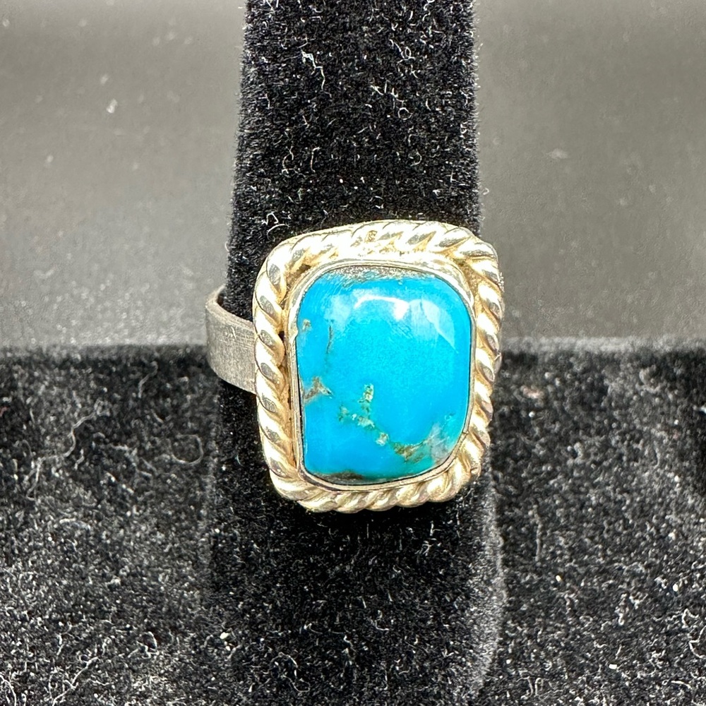 vintage Navajo sterling silver blue turquoise ring size 9 1/4 Testad unisex 1970